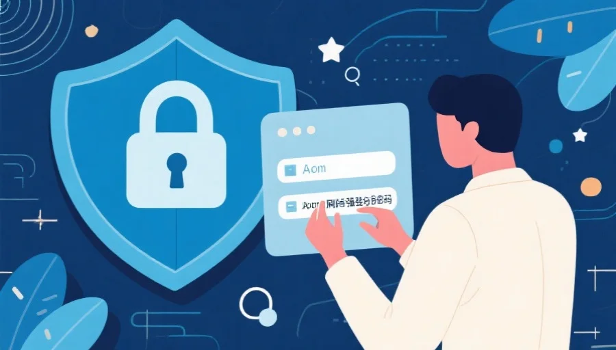 网络安全概念插画，用户在为账号设置强密码，背景有盾牌和锁的元素象征防护