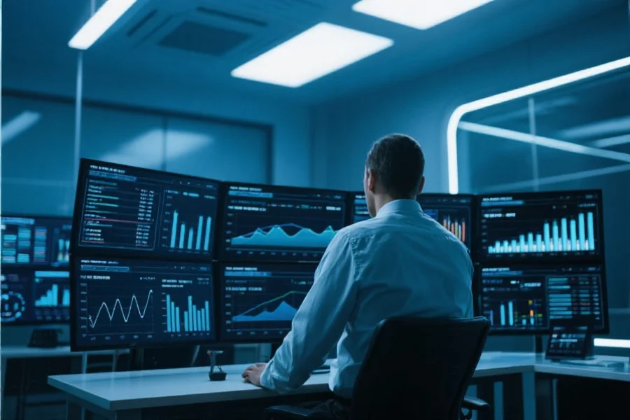 一位分析师在多屏幕前实时监控和分析数据图表，环境现代且充满科技感