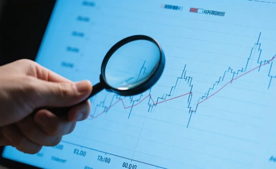 手握放大镜分析数字走势图，图表上显示数据波动和标准差曲线，突出科学分析氛围